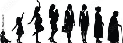 Black Silhouette Vector Illustration Showing Aging Process and Lifecycle Stages of a Woman from Baby to Toddler Motherhood Business Professional and Elderly Senior Woman