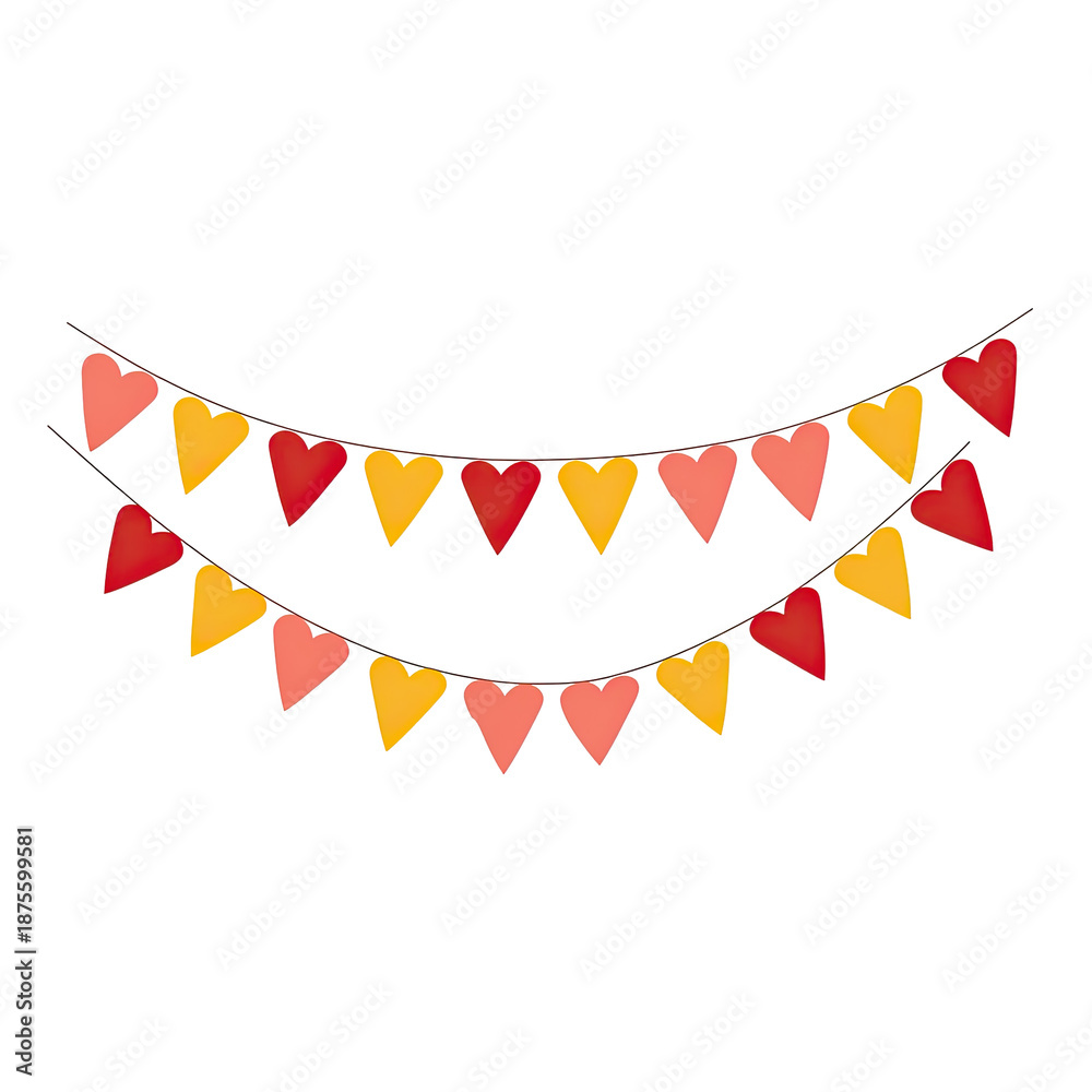 Obraz premium Two decorative strings of heart-shaped flags in warm colors hang against a black background