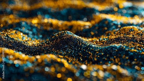 Golden blue granular glitter wave macro texture abstract shimmering surface luxury artistic vibrant light reflection depth elegant modern design sparkle rich detailed illumination chic decorative.