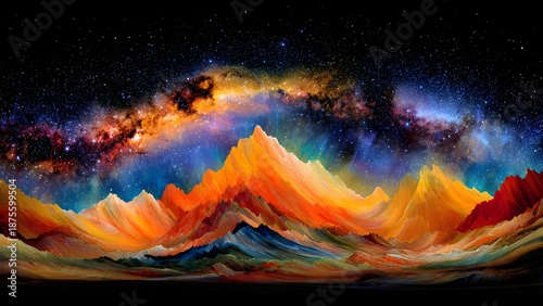Stellar peaks blaze with fiery orange hues against a vivid cosmic night sky, inspiring dreamlike wonder and artistic energy in surreal mountain landscape.