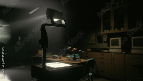 Tablou pe pânză Overhead projector casting focused light across dark classroom desk, vintage ambiance with floating dust and dramatic contrast