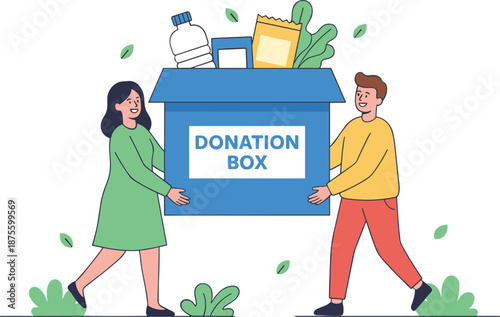 Charity donation box with food, book, plastic bottle, vegetables, helping hands, community support, volunteer aid, giving back