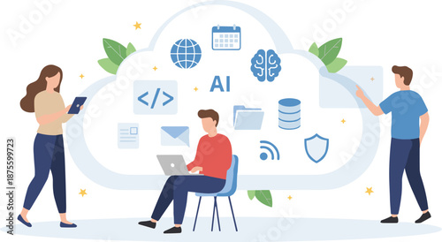 Digital teamwork with cloud computing, artificial intelligence, data management, and modern technology integration for business innovation and collaboration