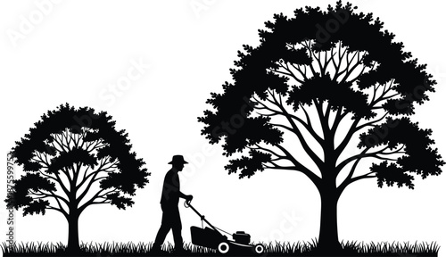 Professional Landscaper Silhouette Mowing Lawn Under Large Trees for Residential Garden Maintenance Backyard Yard Work and Seasonal Outdoor Groundskeeping Service Concept Business Illustration