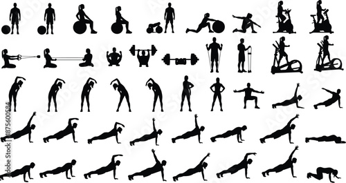 Fitness Silhouette Icons, Exercise Poses, Workout Vector Set, Gym Activities, Cardio, Stretching, Strength Training, Editable, Clipart, Black