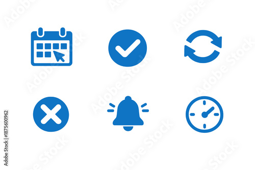Set of six monochromatic booking and scheduling icons in flat vector style. Simple symbols designed for appointment systems, reservation apps and service dashboards.