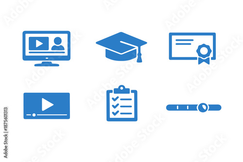 Monochromatic flat vector icon set focused on online education and e-learning. Clean symbols for courses, training platforms and digital learning interfaces.
