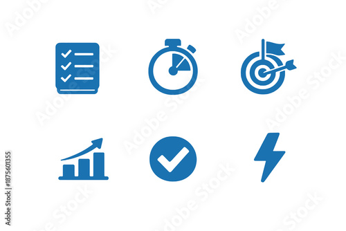 Monochromatic flat vector icon set focused on productivity and daily habits. Clean symbols for task apps, focus tools and personal efficiency interfaces.