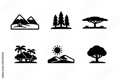 Black flat vector icon set representing major world biomes. Clean outline symbols for geography, environmental education and nature-related interface design.