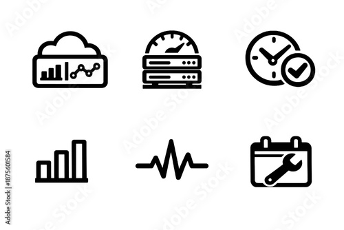 Black flat vector icon set focused on system monitoring and service status. Clean outline symbols for uptime tracking, performance metrics and infrastructure dashboards.