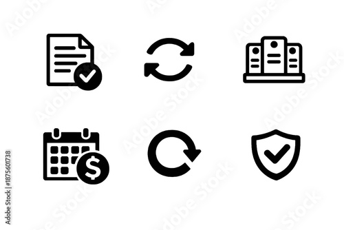 Set of six black billing and subscription icons in flat vector style. Minimal outline symbols designed for SaaS platforms, finance dashboards and payment systems.