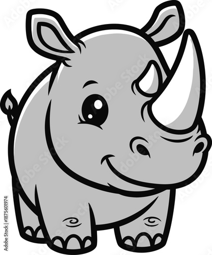Adorable and friendly baby rhinoceros cartoon illustration, perfect for children's designs, showing a charming and cute rhino character with a happy smile
