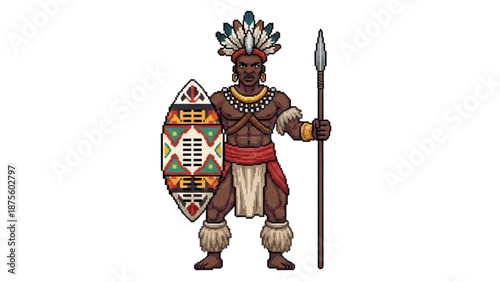 A colorful illustration of an African warrior standing with a spear and shield