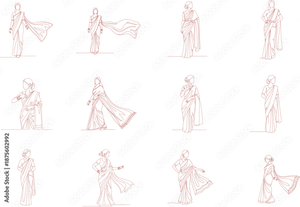 Fototapeta premium Illustrations of Women Wearing Sarees in Various Styles