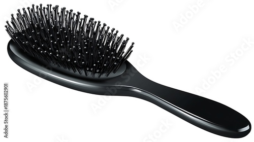 Glossy, black oval hairbrush with bristly pins, isolated on a white backdrop, angled shot
