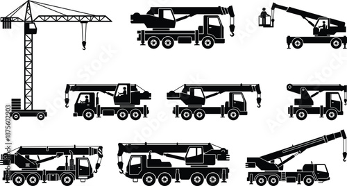 PrintConstruction crane silhouette set featuring tower cranes, mobile truck cranes, hydraulic lifts, and heavy lifting machinery icons for industrial engineering designs