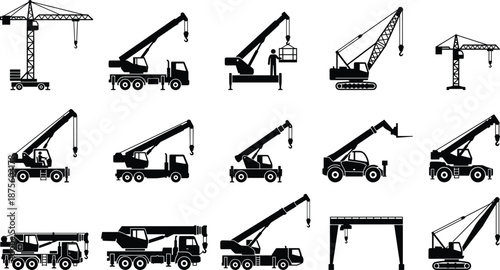 Construction crane silhouette set featuring tower cranes, mobile truck cranes, telescopic handlers, crawler cranes, and heavy lifting machinery for industrial engineering