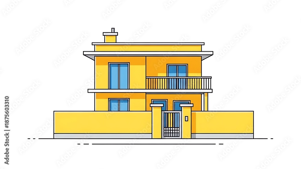 Fototapeta premium Modern yellow house with balcony and gate