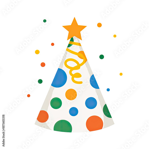 A cartoon party hat with colorful polka dots, a star, and confetti