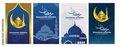 Ramadan Kareem Vertical Banner Set with Golden Crescent Moon and Mosque Illustration