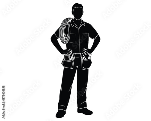 Construction worker with tool belt and coiled rope isolated 