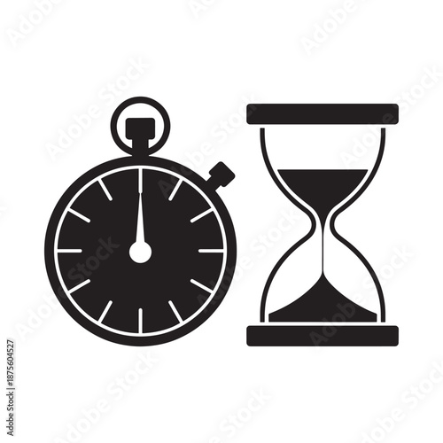 a stopwatch and an hourglass side by side on a white background