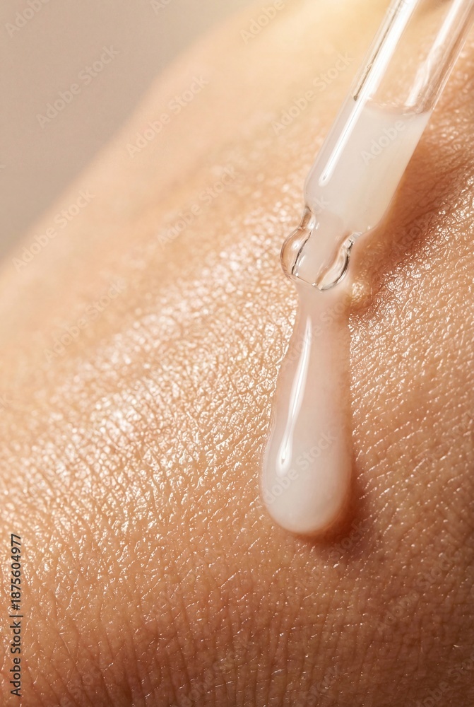 Fototapeta premium Close-up of Skincare Serum Dripping from Glass Pipette onto Clean Skin Texture.Moisturizing Liquid Essence or Face Oil on Skin, Dermatological Care and Anti-Aging Concept.