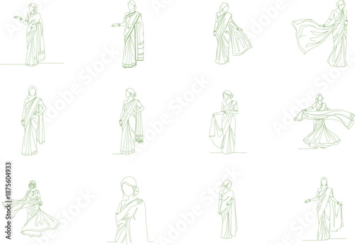 Illustrations of Women in Sarees Performing Dance Moves