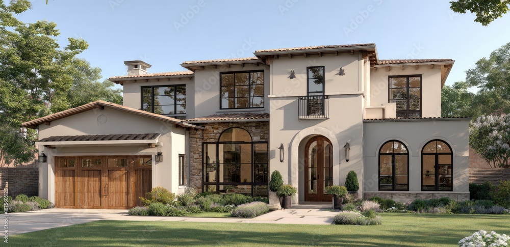 Fototapeta premium A large two-story house with a wooden garage door and arched doorway, surrounded by greenery