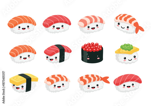 Flat lay of various sushi pieces with smiling faces on a plain white background.