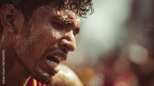 Exhausted Indian Man in Mid-30s Running Marathon, Tears Streaming, Face Showing Extreme Fatigue and Emotional Struggle