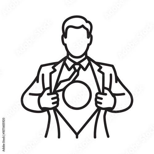man in a suit revealing a circle on his shirt