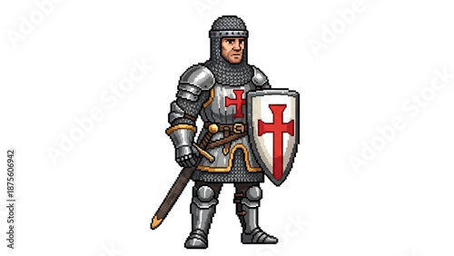 A medieval knight in armor holding a sword and shield with a red cross