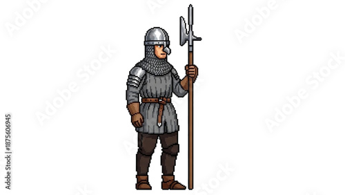 A medieval knight in armor holding a halberd on a white background
