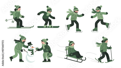 Cartoon Man Enjoying Winter Sports Activities.