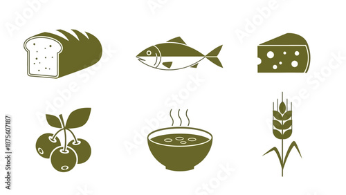 Assorted Food Icons in Olive Green.