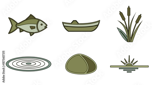 Set of Fishing Related Icons Illustration.