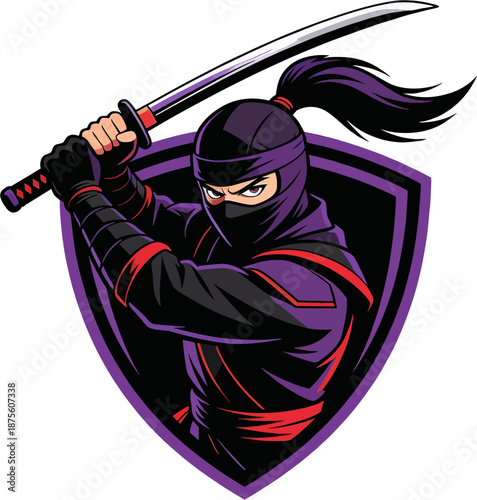 Intense ninja with purple ponytail gripping katana sword in powerful stance inside vibrant purple shield, dynamic cartoon vector logo for gaming badges