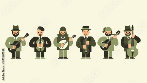 Cartoon Musicians Playing Various Instruments Together.