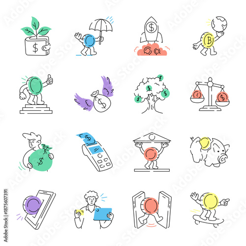 Schilderij op canvas Collection of Finance Doodle Style Illustrations