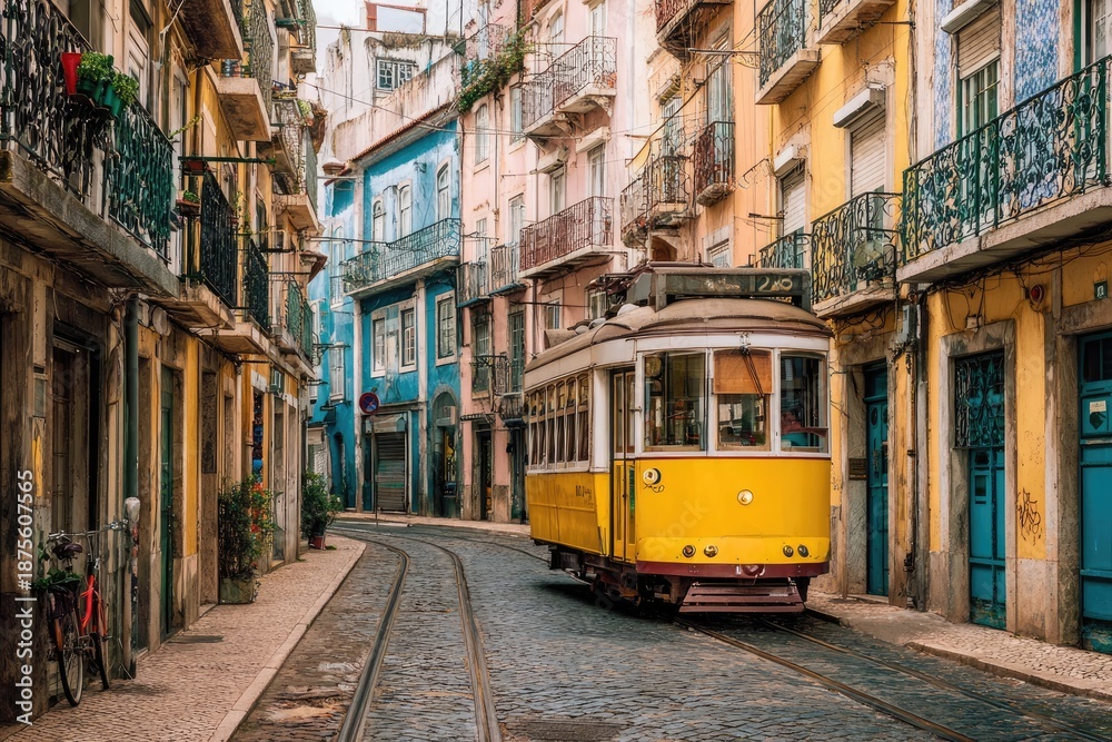 Fototapeta premium A classic yellow tram navigates narrow cobbled street lined with colorful buildings