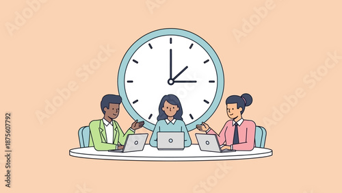 Teamwork and collaboration under pressure with a ticking clock in the background, illustrating tight deadlines and efficient project management