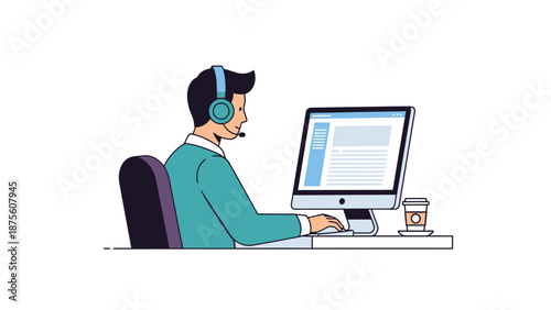 Dedicated professional offering virtual customer support and technical assistance from a modern desk setup with a computer and headset, illustrating efficient remote work operations