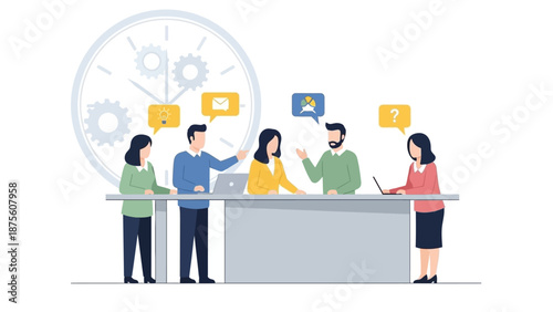 Team Collaboration and Communication in a Modern Office Setting with Clock and Gears Background