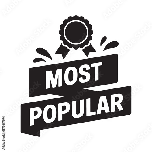 most popular award badge with ribbon and text