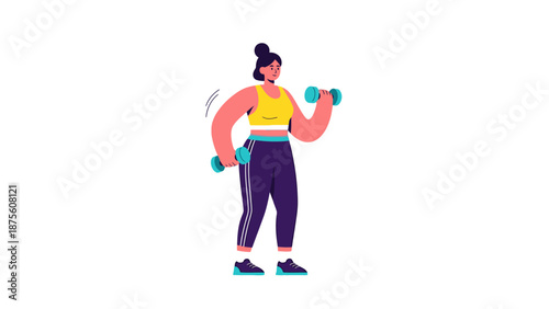 Vibrant illustration of an energetic woman performing a dumbbell workout, embodying strength, health, and a dynamic fitness lifestyle with determination