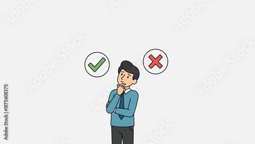 A person ponders a decision with a choice between a checkmark and an X, representing right and wrong options