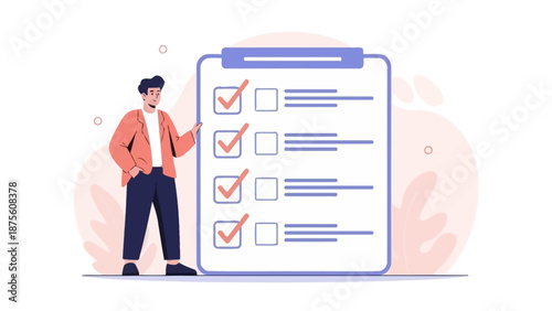 Illustration of a person checking items off a to-do list on a clipboard, representing task completion and organization