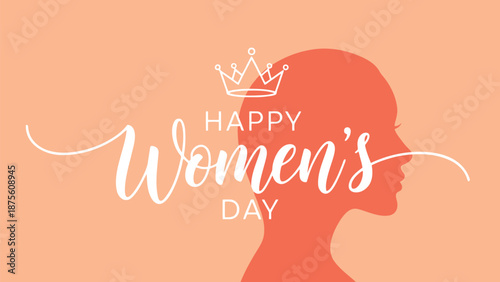 Happy women's day illustration with female silhouette and crown on peach background elegant design for international women's day celebration