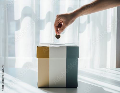 Hand putting coin into donation box with natural light